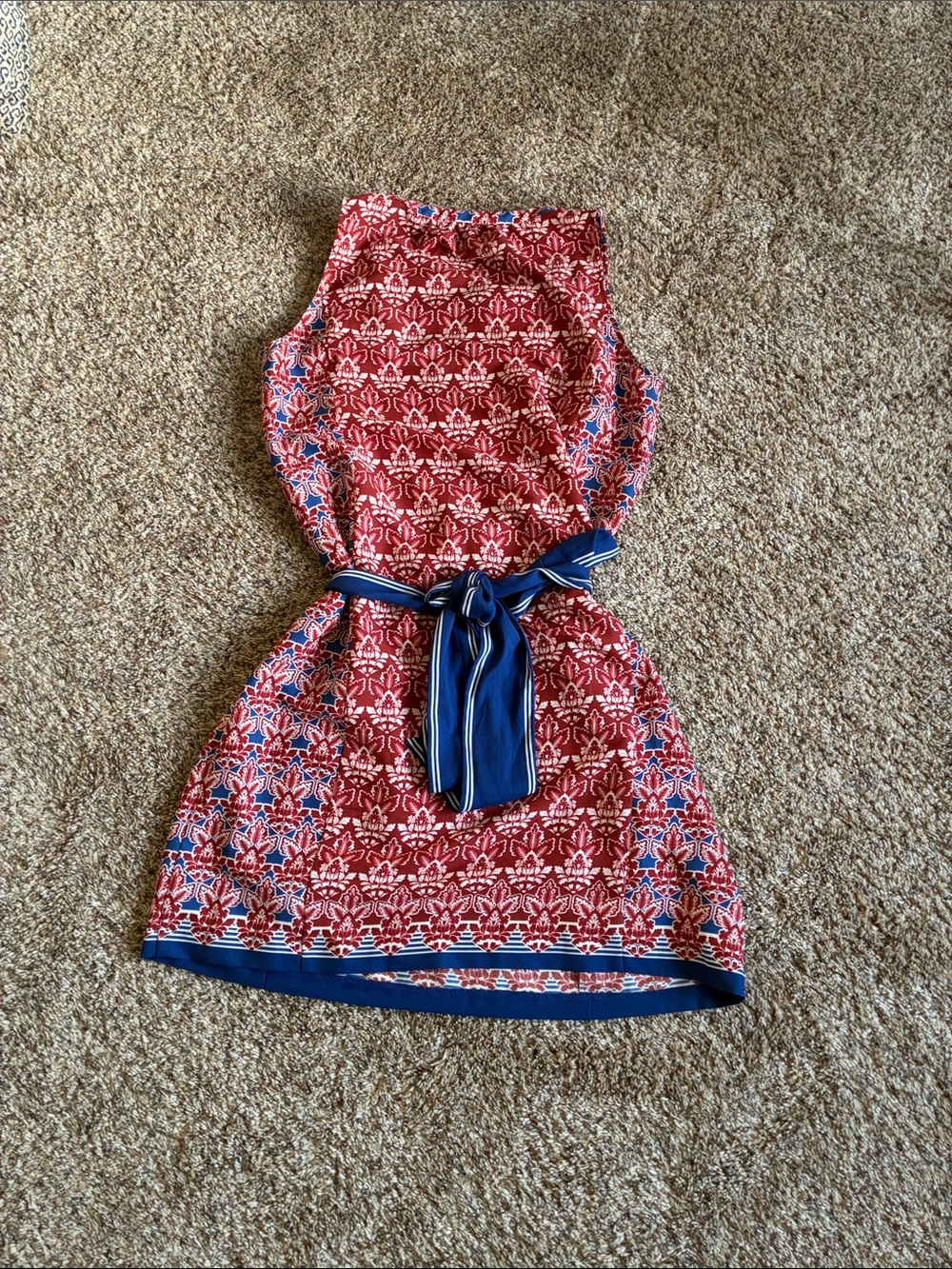 LOFT Red Floral Sleeveless Casual Dress with Navy Belt